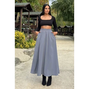 New Laviva Gri Lastikli Yüksek Bel, A Kesim, Dökümlü ve Salaş, Uzun Kupra Etek