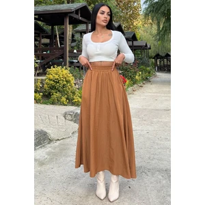 New Laviva Taba Lastikli Yüksek Bel, A Kesim, Dökümlü ve Salaş, Uzun Kupra Etek