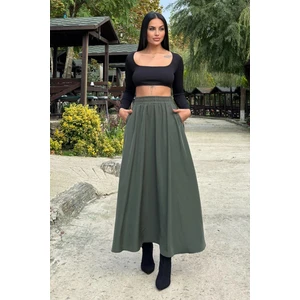 New Laviva Haki Lastikli Yüksek Bel, A Kesim, Dökümlü ve Salaş, Uzun Kupra Etek