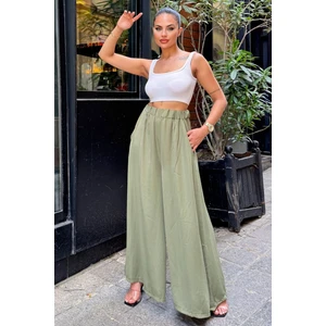 New Laviva Kadın Haki Beli Lastikli,cepli, Bol Paça, Salaş Krep Pantolon - Tesettüre Uygun