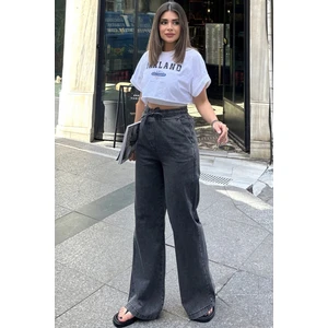 Kadın Siyah Beli Lastikli, Bagcıklı, Cepli, Bol Paça, Palazzo Kot Pantolon - Tesettüre Uygun