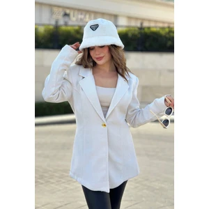 New Laviva Kadın Beyaz Astarlı Tek Düğme Vucüda Oturan Kalıp Fitilli Kaşe Kumaş Blazer Ceket