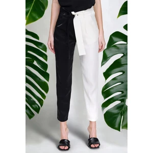 New Laviva Kadın Siyah Parlak Kaliteli Kumaş Color Block Kemerli Pantolon