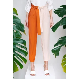 New Laviva Kadın Turuncu Parlak Kaliteli Kumaş Color Block Kemerli Pantolon