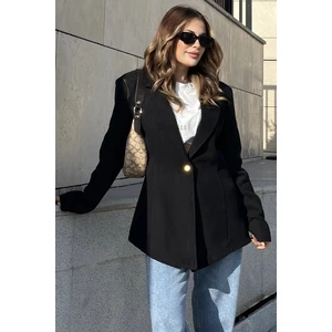 New Laviva Kadın Siyah Astarlı Tek Düğme Vucüda Oturan Kalıp Fitilli Kaşe Kumaş Blazer Ceket