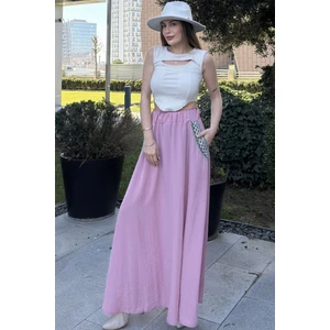 New Laviva Kadın Pudra Beli Lastikli, Cepleri Hasır Işlemeli, Rahat Kesim, Uzun Kiloş Etek