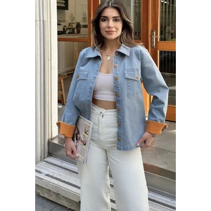 New Laviva Kadın Mavi Arkası Çiçek Nakış Işlemeli, Kontrast Renk Katlamalı, Uzun Kol, Denim Kot Ceket