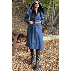 Indigo Kruvaze Yaka, Kapüşonlu, Çift Cepli, Beli Kemerli, Uzun Kaşe Kaban (Astarsız)