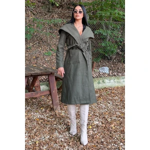 Haki Kruvaze Yaka, Kapüşonlu, Çift Cepli, Beli Kemerli, Uzun Kaşe Kaban (Astarsız)