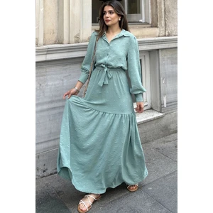 Kadın Mint Dokulu Kumaş, Beli Kuşaklı, Balon Kol, A Kesim, Vintage Maksi Elbise - Tesettüre Uygun