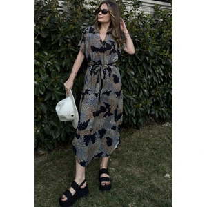 New Laviva Kadın Laci Kısa Kol, V Yaka, Beli Kuşaklı Salaş Uzun Elbise