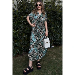 New Laviva Kadın Yeşil & Siyah Kısa Kol, V Yaka, Beli Kuşaklı Salaş Uzun Elbise