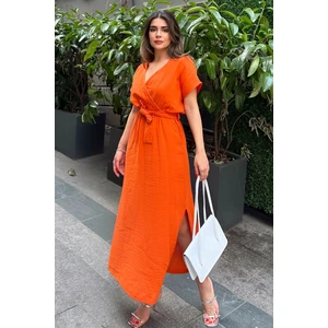 New Laviva Turuncu Kruvaze Yaka,yırtmaçlı, Beli Kuşaklı, Terletmez, Pamuklu, Ithal Müslin Kumaş, Uzun Elbise