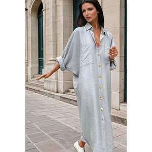 New Laviva Gri Cepli, Uzun Kollu, Düğme Detaylı, Gömlek Elbise