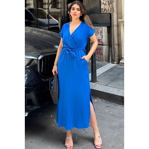 Saks Kruvaze Yaka,yırtmaçlı, Beli Kuşaklı, Terletmez, Pamuklu, Ithal Müslin Kumaş, Uzun Elbise