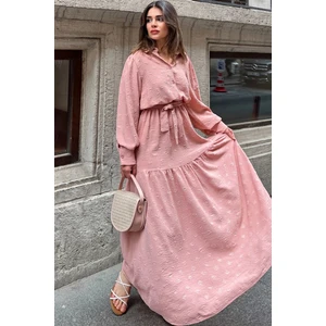 New Laviva Kadın Pudra Dokulu Kumaş, Beli Kuşaklı, Balon Kol, A Kesim, Vintage Maksi Elbise - Tesettüre Uygun