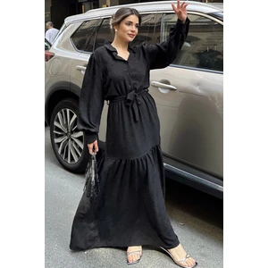 New Laviva Kadın Siyah Dokulu Kumaş, Beli Kuşaklı, Balon Kol, A Kesim, Vintage Maksi Elbise - Tesettüre Uygun