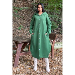 New Laviva Zümrüt Yeşil Kapüşonlu, Uzun Kol, Düğme Detaylı, Eteği Oval, Cepli, Uzun Oversize Salaş Elbise