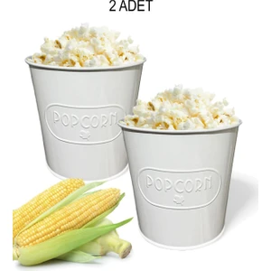 Beyaz Metal Popcorn Kutusu - Patlamış Mısır Kovası Kendinden Kabartma Desenli 2 Adet