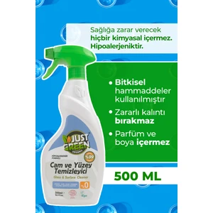 Just Green Organic Bitkisel Cam Ve Yüzey Temizleyici, %100 Bitkisel - Doğal Ve Etkili Temizlik (500 ML) - Yerli Üretim