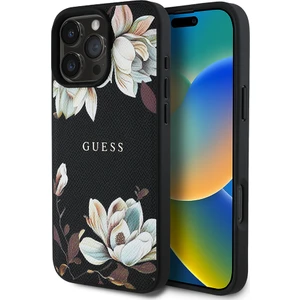 Apple iPhone 16 Pro Max Kılıf Lisanslı Magsafe Özellikli Çiçek Tasarımlı Yazı Logolu  Kapak Siyah