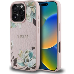 Apple iPhone 16 Pro Max Kılıf Lisanslı Magsafe Özellikli Çiçek Tasarımlı Yazı Logolu Kapak Pembe