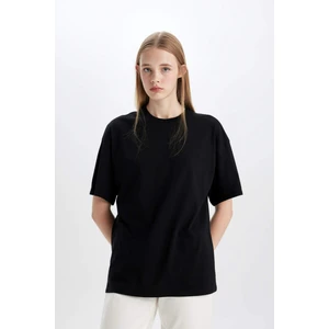 Oversize Geniş Kalıp Bisiklet Yaka Basic Düz Kısa Kollu Siyah Tişört V4136AZNS