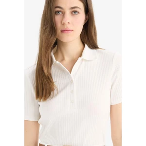 Slim Fit Dar Kesim Fitilli Kaşkorse Kısa Kollu Polo Beyaz Tişört E6577AX25SP