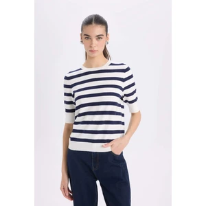 Regular Fit Bisiklet Yaka Çizgili Kısa Kollu Triko Kazak D6271AX25SM