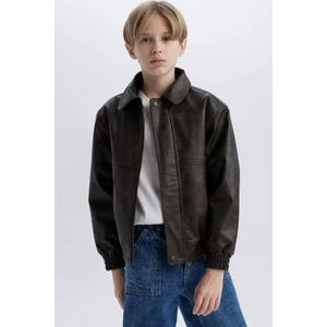 Erkek Çocuk Su Geçirmez Polo Yaka Fermuarlı Suni Deri Mont Ceket D5912A825SP