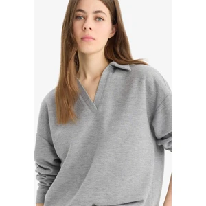 Relax Fit Polo Yaka Basic Düz Uzun Kollu Tişört E8681AX25SP