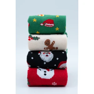 Unisex Soket Çorap. Noel ve Yılbaşı Temalı 4 Farklı Desenli ve Renkli Kutulu Pamuklu Çorap Seti.