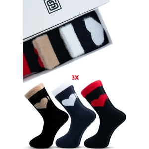 Kalpli Tüylü Lastikli Bambu Kadın Soket Çorap.3'lü Kutulu Açık ve Koyu Renk Seçenekli Kadın Kalpli Çorap Seti