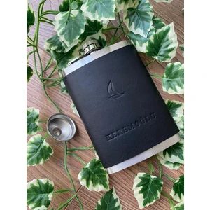 (Isim Yazıyoruz) El Dikişi Hakiki Deri Kaplamalı Çelik Viski Kanyak Içki Matarası ve Huni - 9oz 266ML