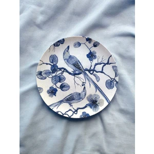 Unique Florya Blue Blanc Kuş Desenli Duvar Tabağı Dekoratif Bahçe Balkon Mutfak Salon Duvar Süsü NO:200