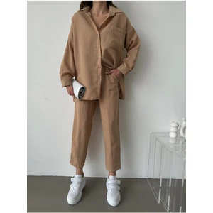 Kadın Oversize Keten Gömlek Pantolon Alt Üst Takım