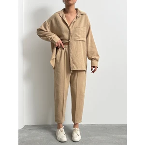 Kadın Oversize Keten Gömlek Pantolon Alt Üst Takım