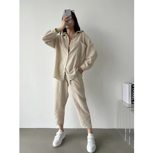 Kadın Oversize Keten Gömlek Pantolon Alt Üst Takım