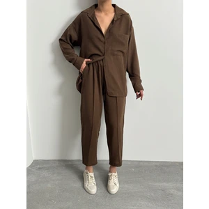 Kadın Oversize Keten Gömlek Pantolon Alt Üst Takım