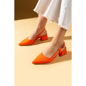 Pembe Potin Sivri Burun Saten Kumaş Slingback Kadın Topuklu Ayakkabı 87-151-25saten