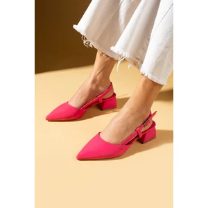 Pembe Potin Sivri Burun Saten Kumaş Slingback Kadın Topuklu Ayakkabı 87-151-25saten
