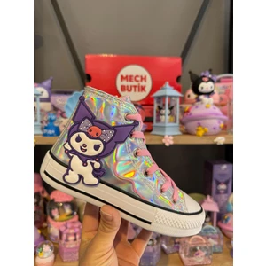 Mech Butik Kuromi Süslü Gümüş Hologram Bilekli Fermuarlı Kaydırmaz Taban Ayakkabı Sneaker