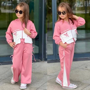 Kız Çocuk Fermuarlı Kapüşonlu Kurdela Detaylı 2'li Alt-Üst Takım Pembe Renk