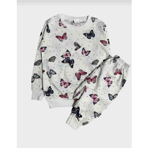 Kız Çocuk Beyaz Pembe Kelebek Desenli Uzun Kollu Pijama Takımı