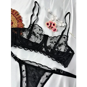Perle Norie Siyah Çiçekli Dantelli Bralet Sütyen Takımı Sütyen Külot