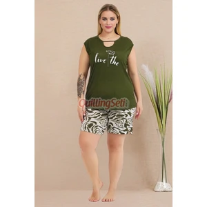 Haki Renk ve Desenli 10424 Şortlu Büyük Beden Anne Pijama Takımı