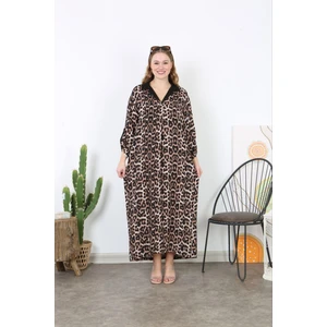 Kadın Büyük Beden Leo Dokuma Viskon Leopar Desen Ön Boy Düğmeli Cepli Uzun Elbise 65N38736