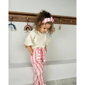 Fırfır Kollu Bluz, Çizgi Desenli Kendinden Kemerli Pantolon, Bandana 3'lü kız çocuk takım