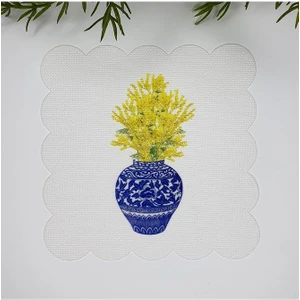 Çini Vazoda Mimoza Çiçeği Baskılı Dekoratif Kumaş Kokteyl Peçetesi 1 Adet