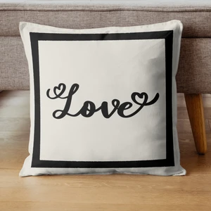 Love Kalp Desenli Dekoratif Kırlent Kılıfı Krem-Siyah